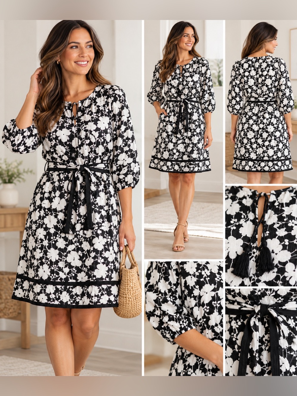 Studio Park Black White Floral Midi Dress Size S Belted Tassel 3/4 Sleeve